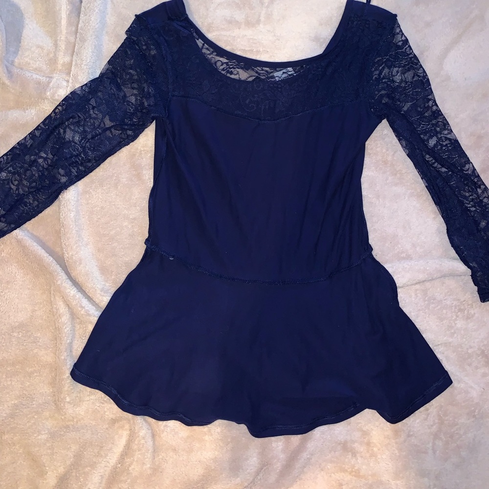 Express blue peplum lace long sleeve shirt
